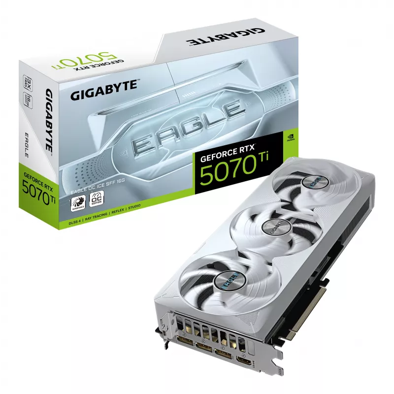 GIGABYTE GeForce RTX 5070 Ti EAGLE OC ICE SFF 16G vaizdo plokštė – 16 GB GDDR7, 256 bit, PCI-E 5.0, 2542 MHz, 3x DP 2.1a, 1x HDMI 2.1b, NVIDIA DLSS 4