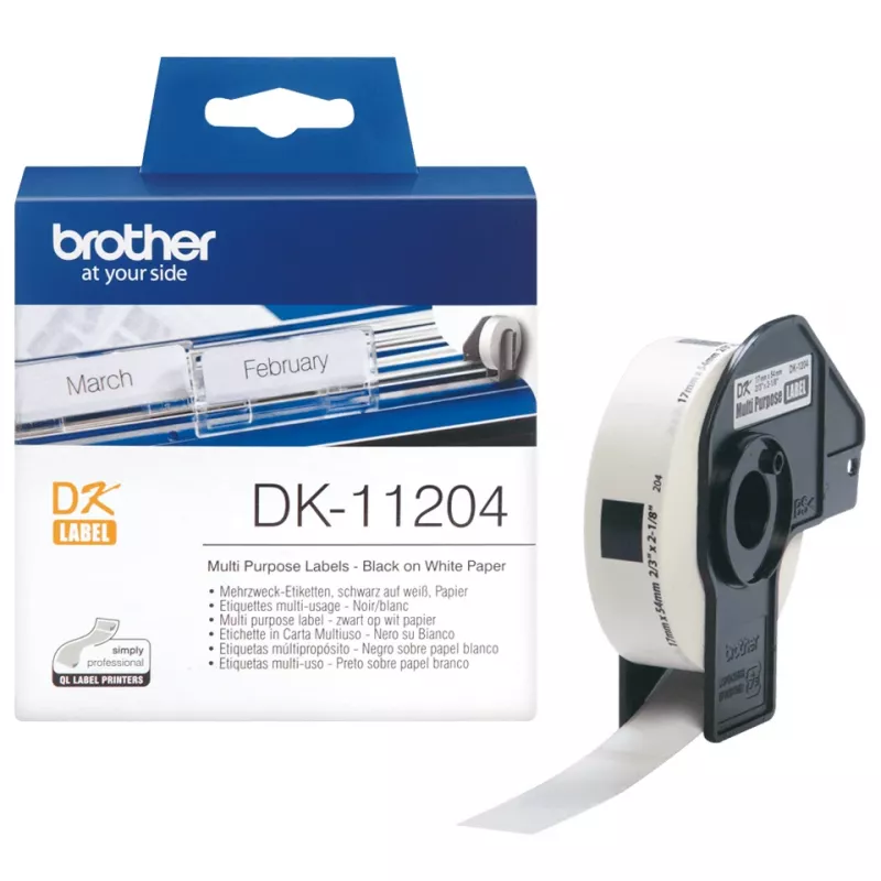 Brother DK-11204 įvairios paskirties etiketės, juoda ant baltos, 400 vnt., DK, balta, tiesioginis terminis spausdinimas