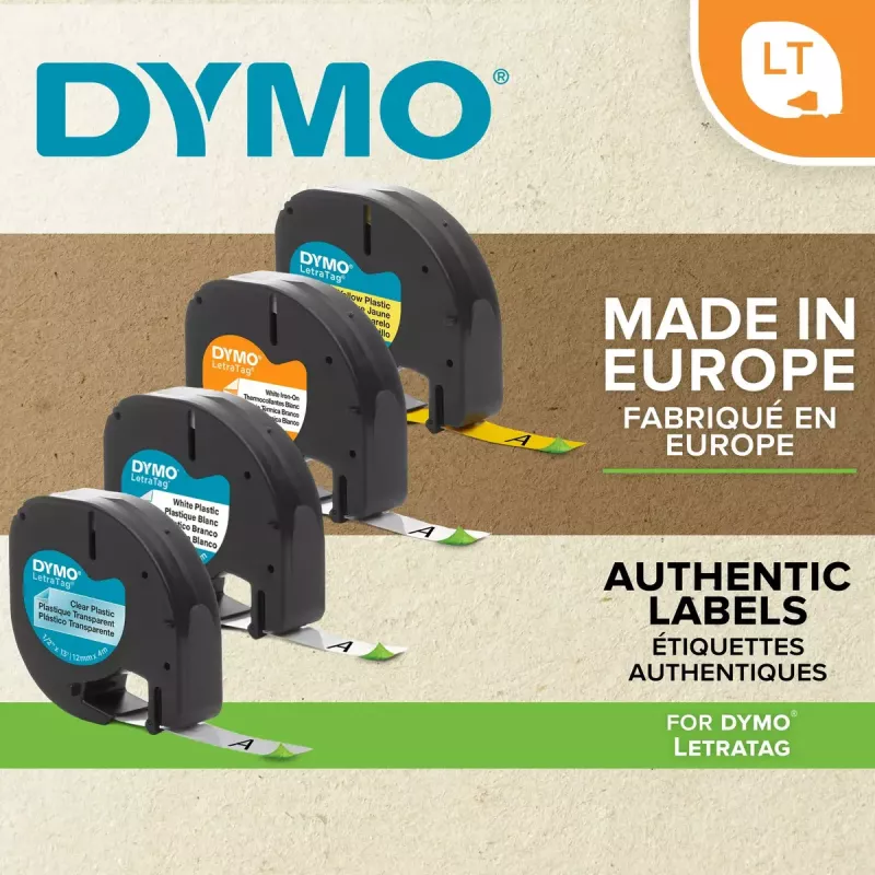 DYMO LetraTag lipnios etiketės, 12 mm x 4 m, skaidrios, su juodu tekstu