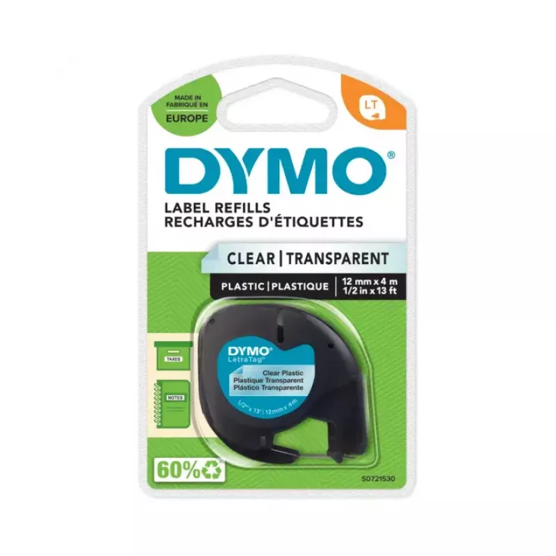DYMO LetraTag lipnios etiketės, 12 mm x 4 m, skaidrios, su juodu tekstu