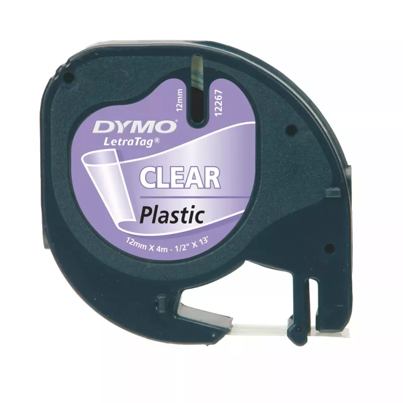 DYMO LetraTag lipnios etiketės, 12 mm x 4 m, skaidrios, su juodu tekstu