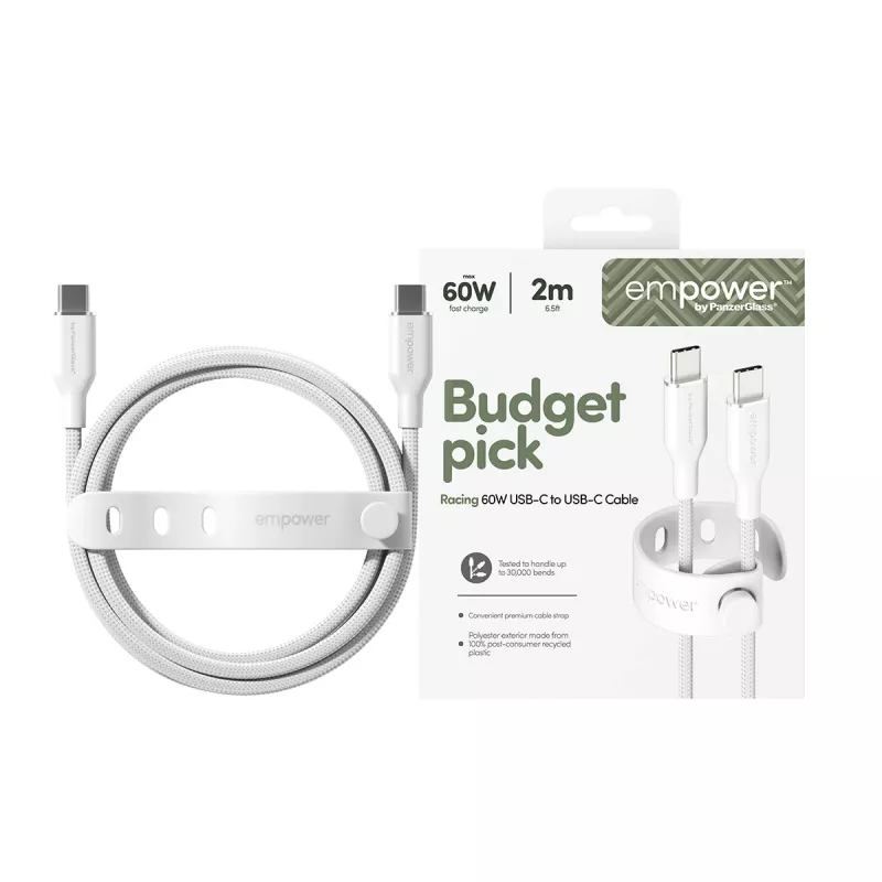 PanzerGlass empower™ by ® Racing USB-C į USB-C laidas 60W | USB 2.0 | 2 m | sidabrinė balta