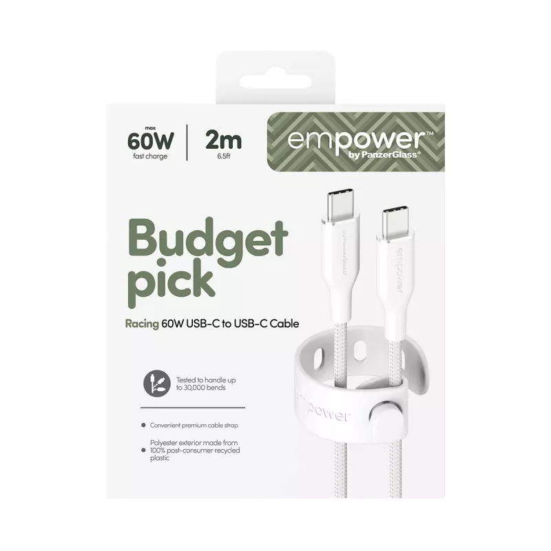 PanzerGlass empower™ by ® Racing USB-C į USB-C laidas 60W | USB 2.0 | 2 m | sidabrinė balta