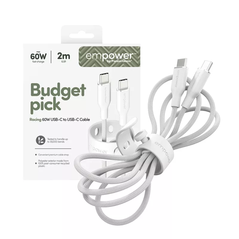 PanzerGlass empower™ by ® Racing USB-C į USB-C laidas 60W | USB 2.0 | 2 m | sidabrinė balta
