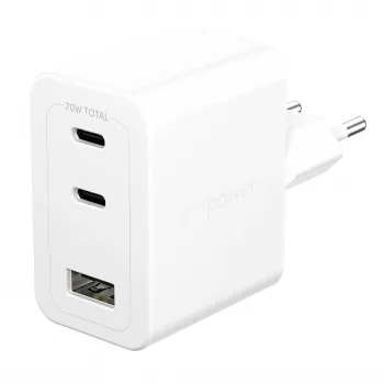 PanzerGlass empower™ by ® Turbo 70W kelių įrenginių įkroviklis su 2 x USB-C + USB-A | EU kištukas | sidabriškai balta