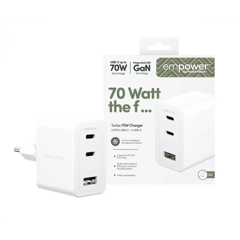 PanzerGlass empower™ by ® Turbo 70W kelių įrenginių įkroviklis su 2 x USB-C + USB-A | EU kištukas | sidabriškai balta