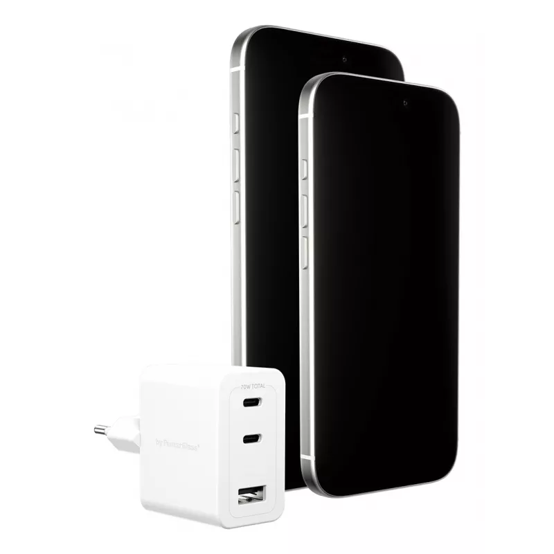 PanzerGlass empower™ by ® Turbo 70W kelių įrenginių įkroviklis su 2 x USB-C + USB-A | EU kištukas | sidabriškai balta
