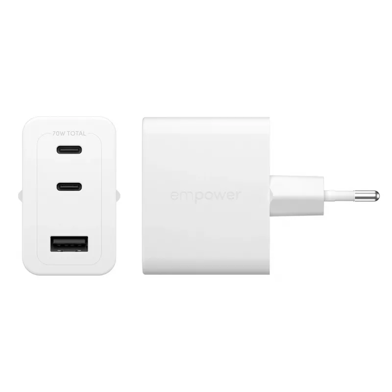 PanzerGlass empower™ by ® Turbo 70W kelių įrenginių įkroviklis su 2 x USB-C + USB-A | EU kištukas | sidabriškai balta