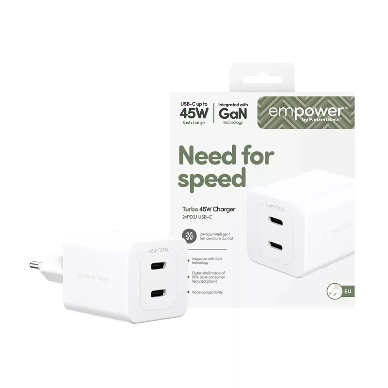 PanzerGlass empower™ by ® Turbo 45W įkroviklis su 2× USB-C | EU kištukas | sidabriškai balta