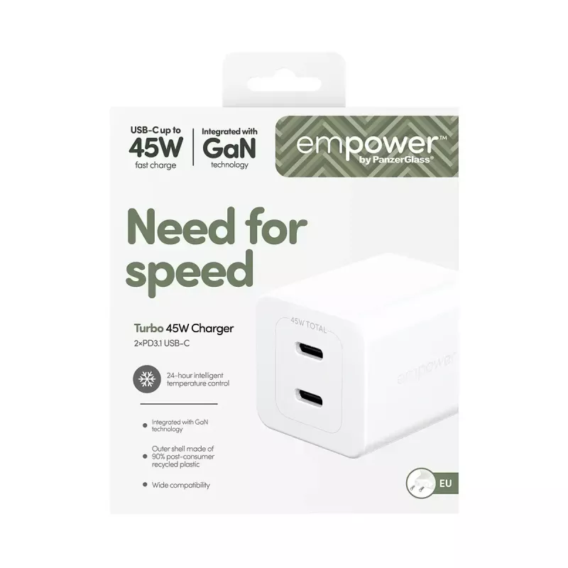 PanzerGlass empower™ by ® Turbo 45W įkroviklis su 2× USB-C | EU kištukas | sidabriškai balta