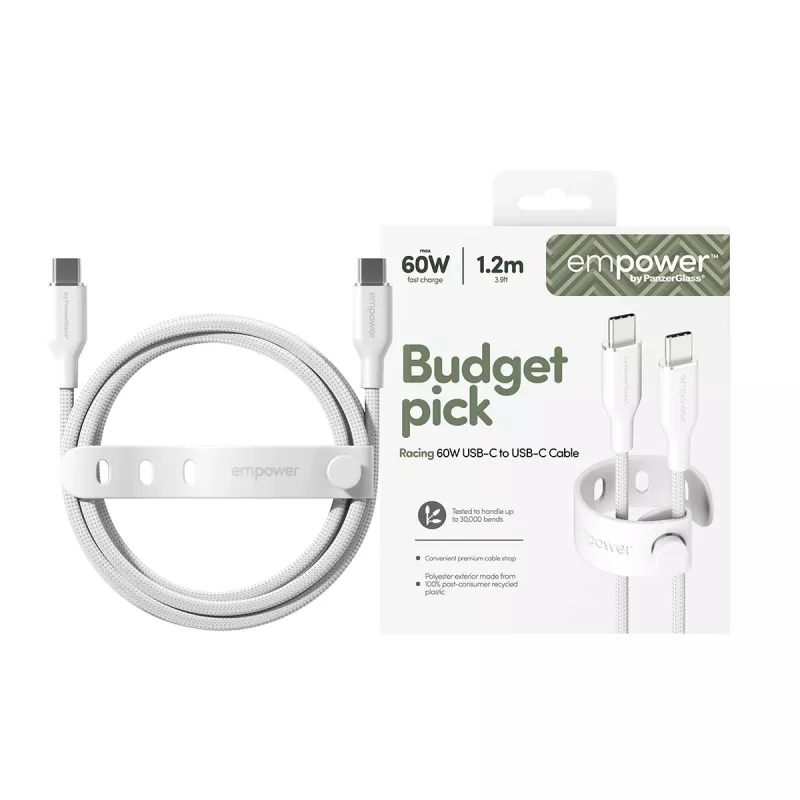PanzerGlass empower™ by ® Racing 60W USB-C į USB-C laidas | USB 2.0 | 1,2 m | sidabriškai baltas