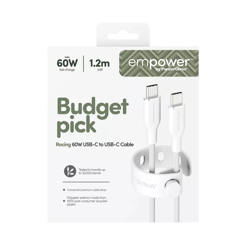 PanzerGlass empower™ by ® Racing 60W USB-C į USB-C laidas | USB 2.0 | 1,2 m | sidabriškai baltas
