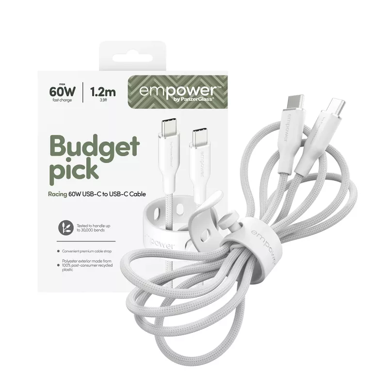 PanzerGlass empower™ by ® Racing 60W USB-C į USB-C laidas | USB 2.0 | 1,2 m | sidabriškai baltas