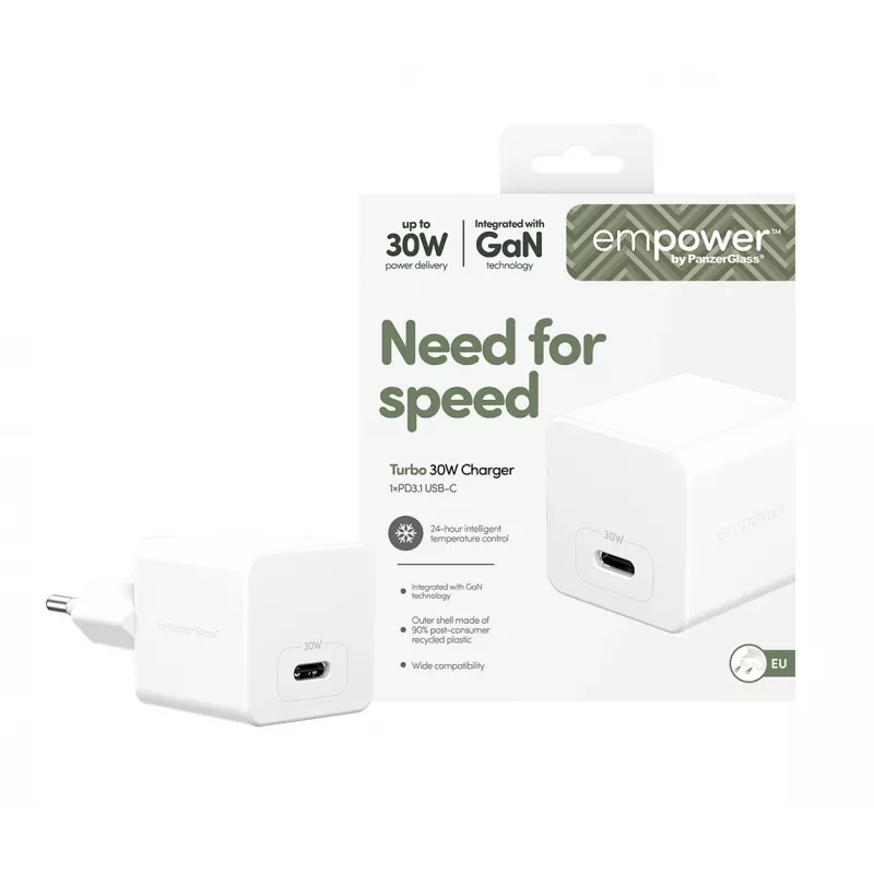 PanzerGlass empower™ by ® Turbo 30W įkroviklis vienas USB-C | EU kištukas | sidabrinė balta