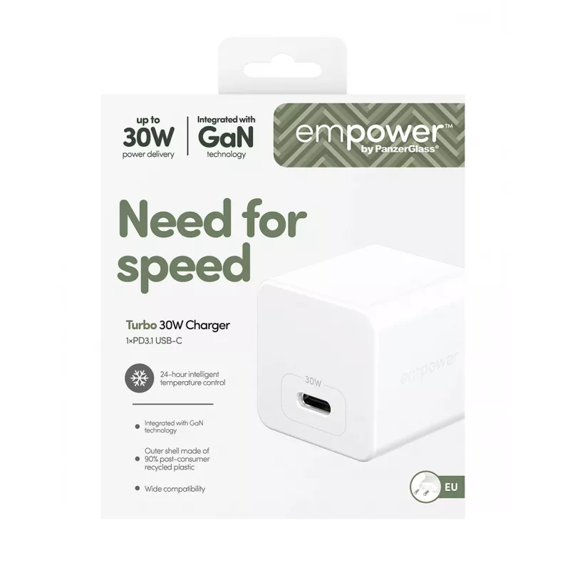 PanzerGlass empower™ by ® Turbo 30W įkroviklis vienas USB-C | EU kištukas | sidabrinė balta