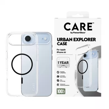 PanzerGlass CARE by Flagship Case permatas dėklas iPhone 17 Air skaidrus Urban Explorer Black MagSafe