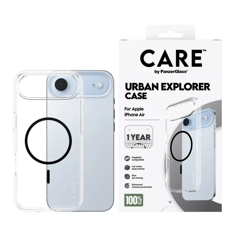 PanzerGlass CARE by Flagship Case permatas dėklas iPhone 17 Air skaidrus Urban Explorer Black MagSafe