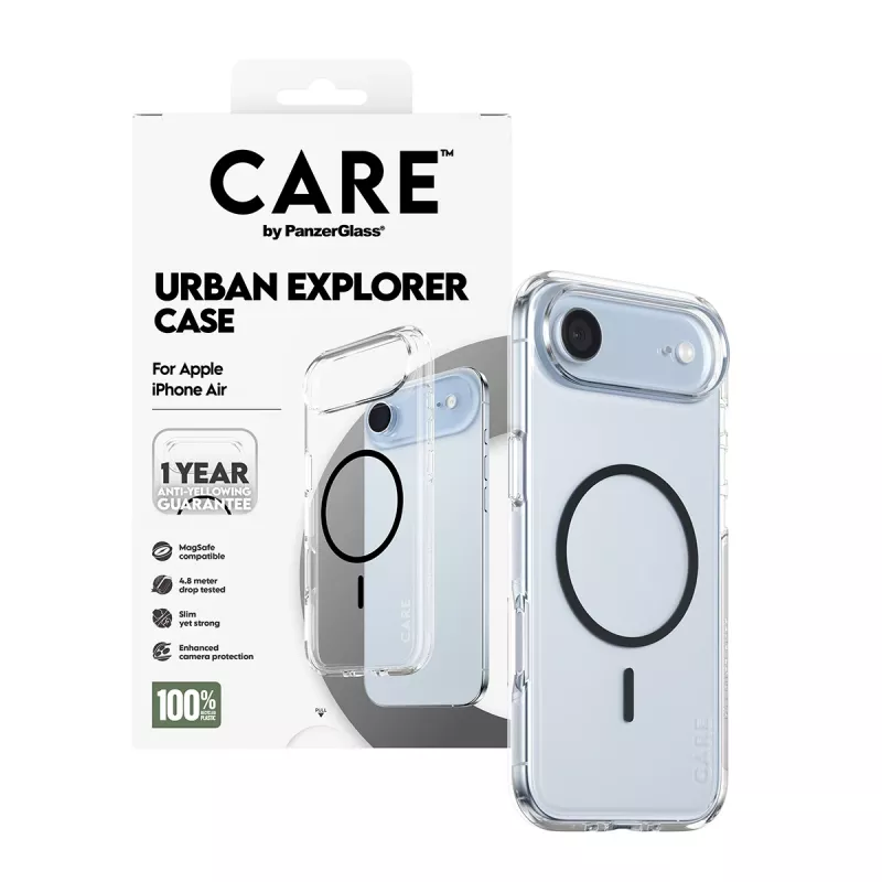 PanzerGlass CARE by Flagship Case permatas dėklas iPhone 17 Air skaidrus Urban Explorer Black MagSafe