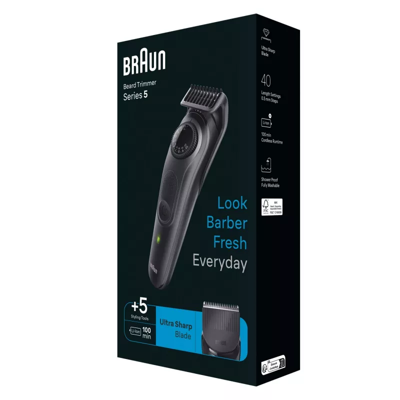 Braun BeardTrimmer 5 BT5430 barzdos kirpimo mašinėlė, baterija 40, 2 cm, šlapiam ir sausam naudojimui, juoda