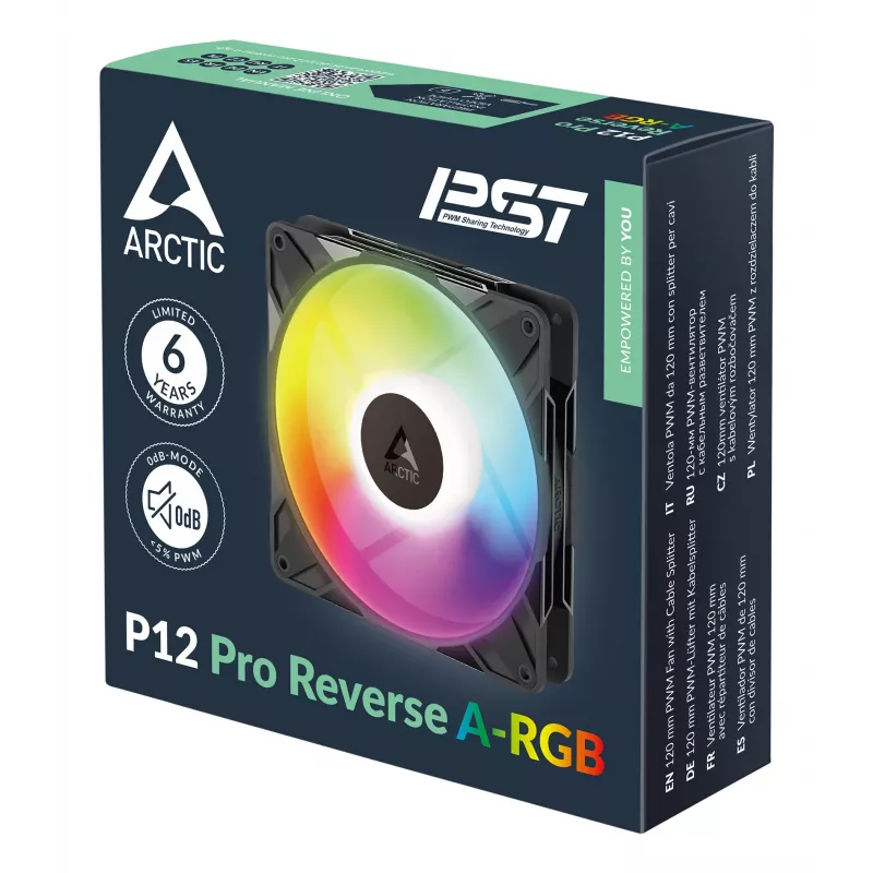 ARCTIC Freezer P12 Pro Reverse A-RGB 120 mm A-RGB ventiliatorius su PWM ir kabelio dalikliu