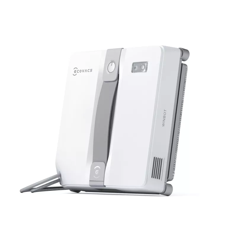 Langų valytuvas Ecovacs WINBOT MINI – su siurbimu, baterija Li‑Ion, minimalus langas 22×25 cm, 1,3 kg, 215×215×55 mm, pilka/balta