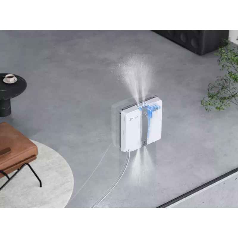 Langų valytuvas Ecovacs WINBOT MINI – su siurbimu, baterija Li‑Ion, minimalus langas 22×25 cm, 1,3 kg, 215×215×55 mm, pilka/balta