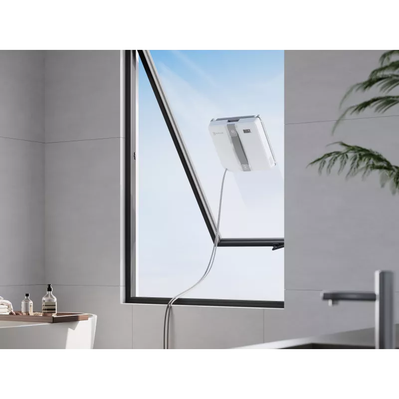 Langų valytuvas Ecovacs WINBOT MINI – su siurbimu, baterija Li‑Ion, minimalus langas 22×25 cm, 1,3 kg, 215×215×55 mm, pilka/balta
