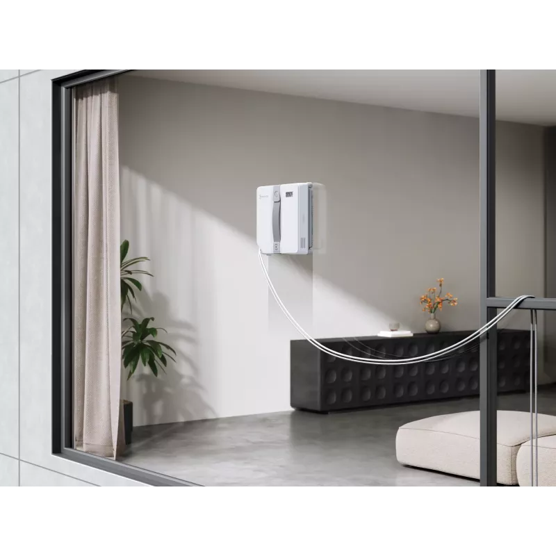 Langų valytuvas Ecovacs WINBOT MINI – su siurbimu, baterija Li‑Ion, minimalus langas 22×25 cm, 1,3 kg, 215×215×55 mm, pilka/balta
