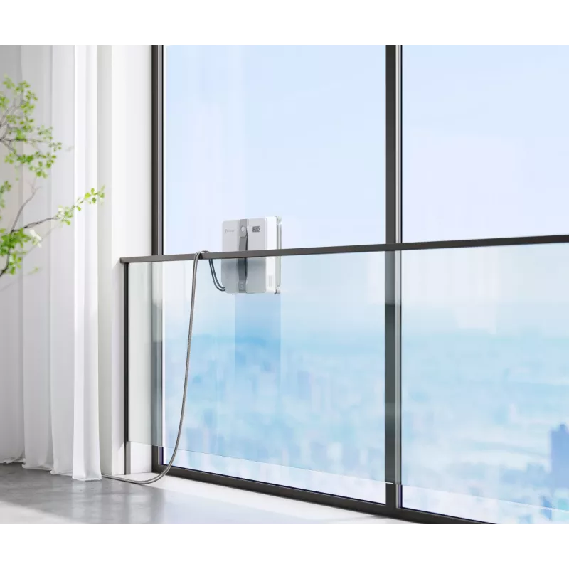 Langų valytuvas Ecovacs WINBOT MINI – su siurbimu, baterija Li‑Ion, minimalus langas 22×25 cm, 1,3 kg, 215×215×55 mm, pilka/balta