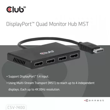 CLUB3D Quad DisplayPort Hub – 4 x 4K raiška @ 30Hz, MST palaikymas