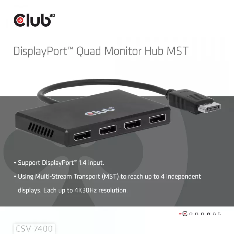 CLUB3D Quad DisplayPort Hub – 4 x 4K raiška @ 30Hz, MST palaikymas