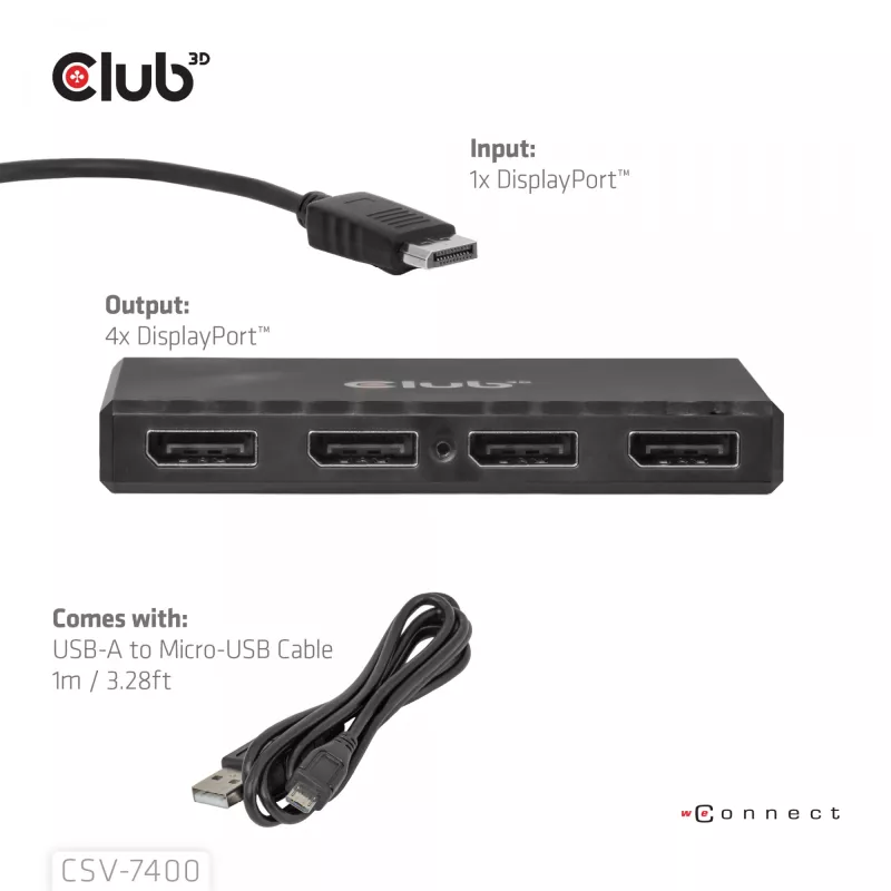 CLUB3D Quad DisplayPort Hub – 4 x 4K raiška @ 30Hz, MST palaikymas
