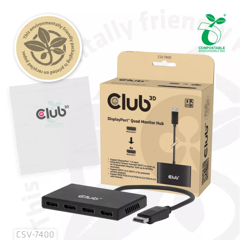 CLUB3D Quad DisplayPort Hub – 4 x 4K raiška @ 30Hz, MST palaikymas