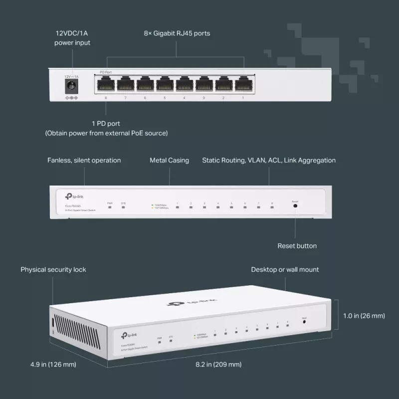 TP-Link Festa FS308G 8 prievadų valdomas L2/L2+ Gigabit Ethernet PoE jungiklis baltas