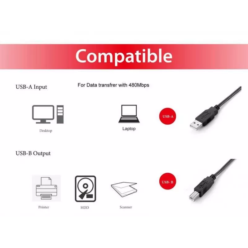 Equip USB 2.0 A tipo į B tipo laidas, 2 m, juodas