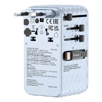 Verbatim Charge 'n' Travel 70W 2C ištraukiamas universalus kelioninis adapteris mėlynas