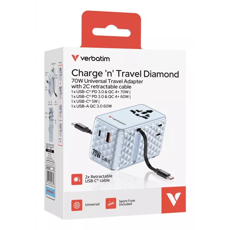 Verbatim Charge 'n' Travel 70W 2C ištraukiamas universalus kelioninis adapteris mėlynas