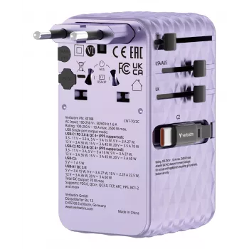 Verbatim Charge 'n' Travel 70W 2C ištraukiamas universalus kelioninis adapteris violetinis