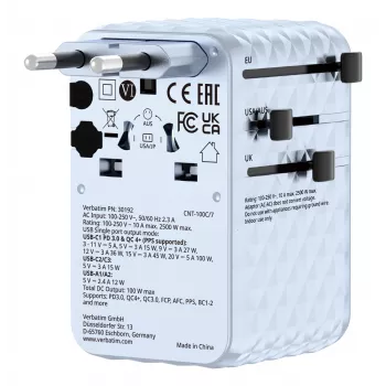 Verbatim Charge 'n' Travel 100W Universal kelioninis adapteris su įtraukiamu kabeliu Mėlyna