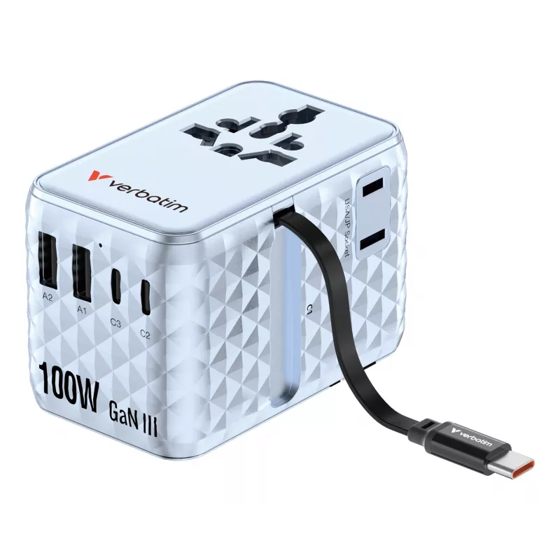 Verbatim Charge 'n' Travel 100W Universal kelioninis adapteris su įtraukiamu kabeliu Mėlyna