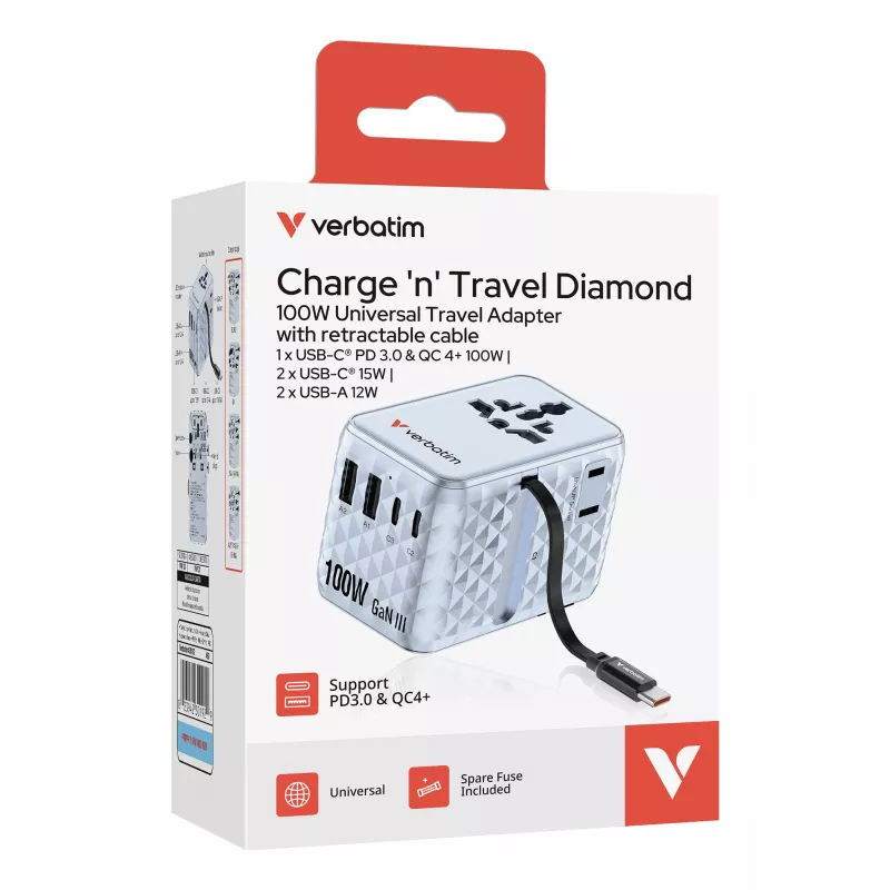 Verbatim Charge 'n' Travel 100W Universal kelioninis adapteris su įtraukiamu kabeliu Mėlyna