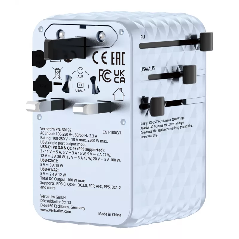Verbatim Charge 'n' Travel 100W Universal kelioninis adapteris su įtraukiamu kabeliu Mėlyna