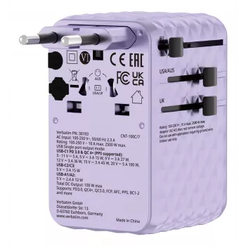 Verbatim Charge 'n' Travel 100W Universalus kelioninis adapteris su įtraukiamu kabeliu Violetinė