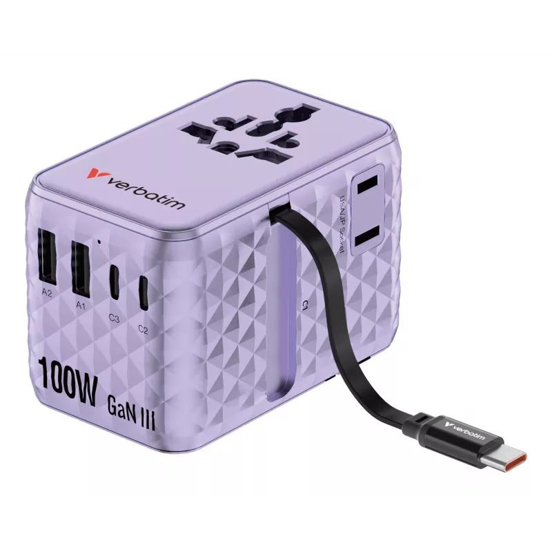 Verbatim Charge 'n' Travel 100W Universalus kelioninis adapteris su įtraukiamu kabeliu Violetinė