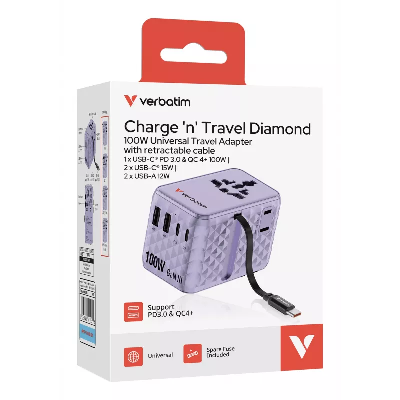 Verbatim Charge 'n' Travel 100W Universalus kelioninis adapteris su įtraukiamu kabeliu Violetinė