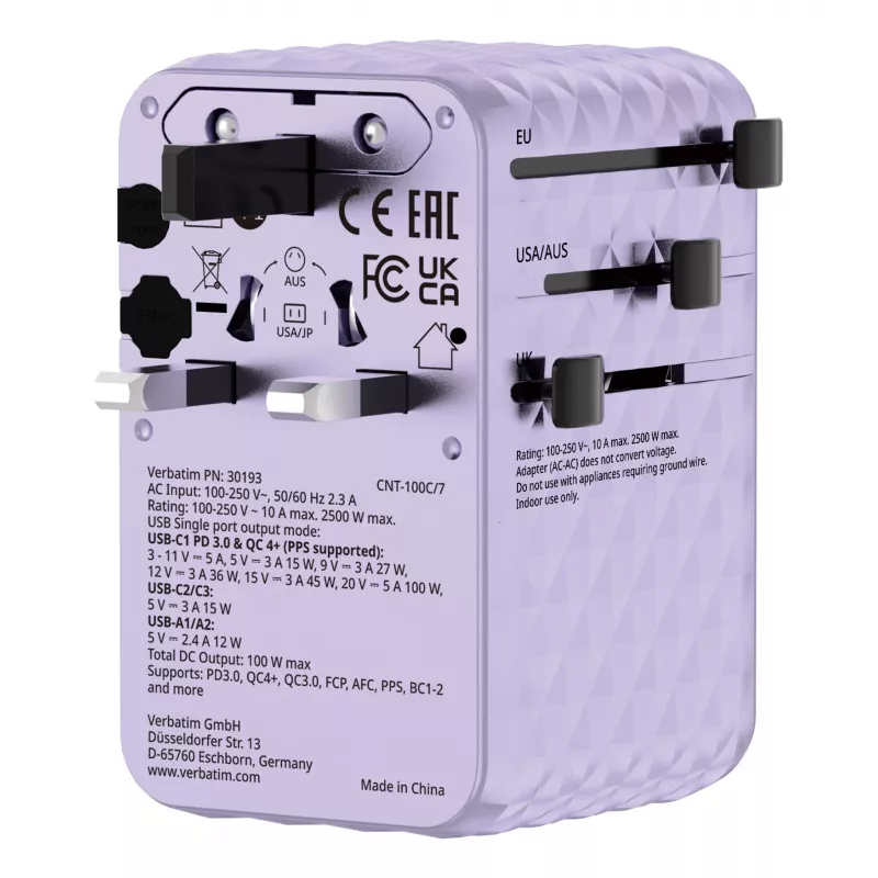 Verbatim Charge 'n' Travel 100W Universalus kelioninis adapteris su įtraukiamu kabeliu Violetinė