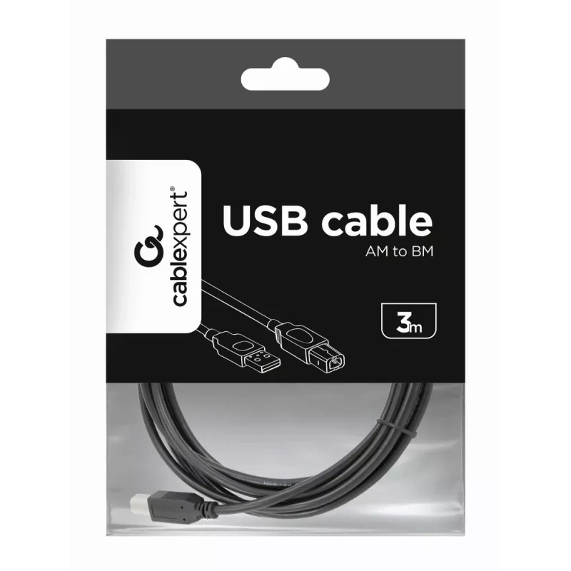 GEMBIRD USB 2.0 A-B laidas 3 m (10 pėdų) – juodas / didmeninė pakuotė (ccp-USB2-ambm-10)