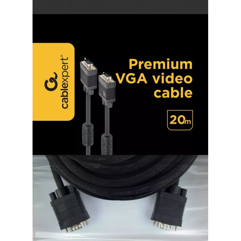 GEMBIRD Premium VGA kabelis HD15M/HD15M - dvigubai ekranuotas su 2 ferito žiedais 20m - juodas