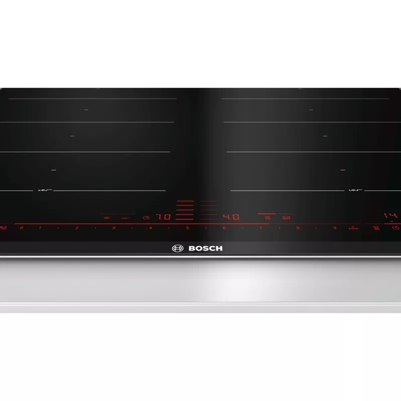 Bosch PXX675DC1E indukcinė kaitlentė, juoda su nerūdijančio plieno rėmu, įmontuojama, 4 zonos
