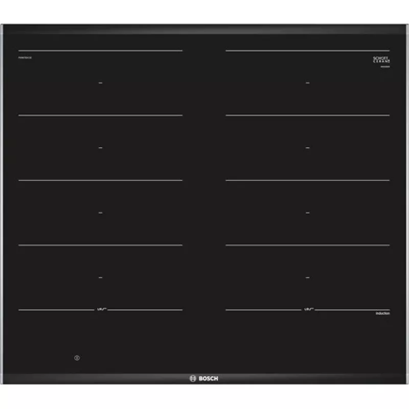 Bosch PXX675DC1E indukcinė kaitlentė, juoda su nerūdijančio plieno rėmu, įmontuojama, 4 zonos